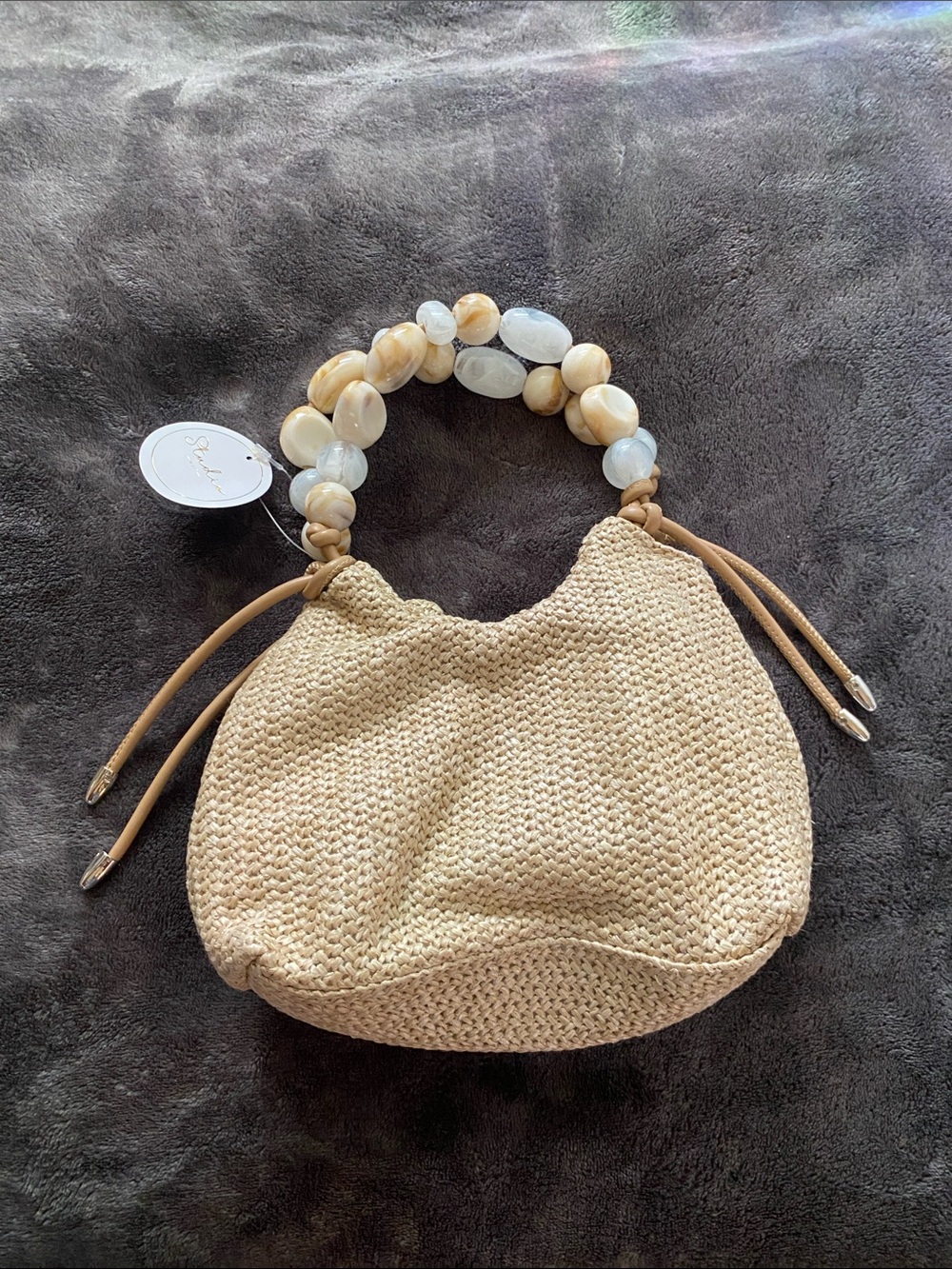 Beaded-Handle Woven Mini Bag in Beige